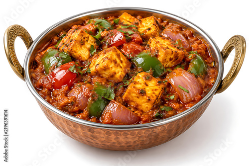 Kadai paneer in a copper bowl, paneer cubes with bell peppers, onions and thick spicy tomato masala