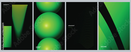 Abstract green gradient poster set, futuristic geometric vector covers with 3D spheres and lines, dark minimalist background templates for tech events