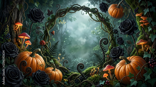 Mystical forest scene featuring orange pumpkins nestled among dark roses and glowing mushrooms under the moonlight creating a natural circular frame for seasonal celebrations and spooky festive