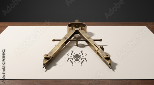 Antique Brass Drafting Compass Casting a Surreal Spider Creature Shadow on Blank Paper