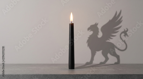 Lit Black Candle Casting a Mythical Griffin Creature Shadow on Wall