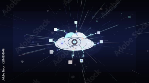 Digital cloud computing network animation showing data synchronization with glowing blue lines and floating square icons in high speed motion