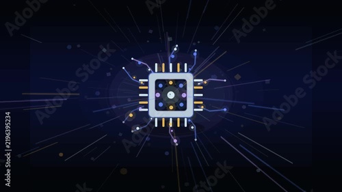 Central processor unit processing data signals with glowing lines in this digital animation clip showing complex computer system network motion