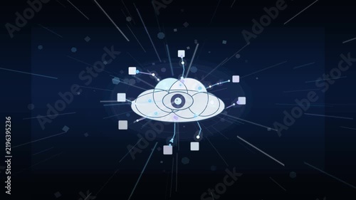 Abstract cloud computing digital animation showing interconnected data nodes and glowing network lines in a modern high technology motion graphic