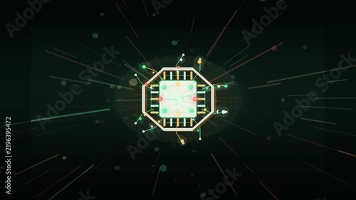 Microchip processor glowing with digital data particles radiating in a fast motion animation background for modern computer technology video footage
