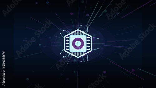 Digital cpu chip animation glowing with radiant cybernetic light particles moving across a dark futuristic background in high resolution motion