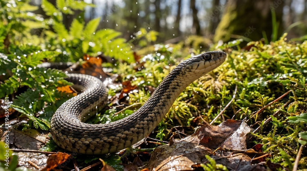 Fototapeta premium Snake slithering through moss and fallen leaves in a forest