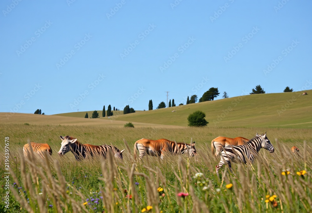 Obraz premium Striped zebras grazing on lush green hillside pasture landscape