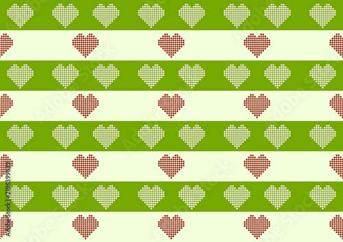 Dotted pixel heart seamless pattern with green and pink stripes, cute festive love background