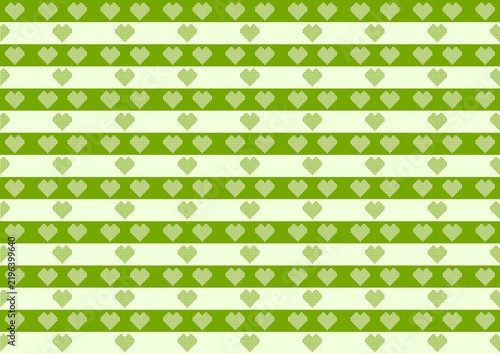 Cute green seamless pattern with pixelated dotted hearts and horizontal stripes background