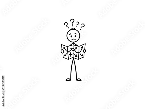 Stick figure character holding paper map looking confused with question marks above head on transparent background. For lost direction, navigation problems, travel orientation, and decision making.