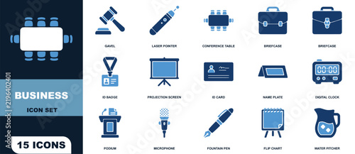 Business meeting icon set with fifteen conference room equipment office tools and presentation accessories