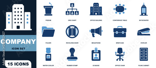 Company icon set featuring fifteen corporate office building structures and workspace furniture podiums