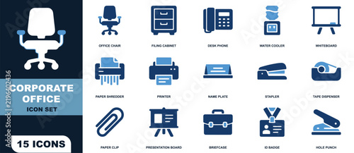 Corporate office icon set featuring fifteen workplace furniture communication devices and essential stationery