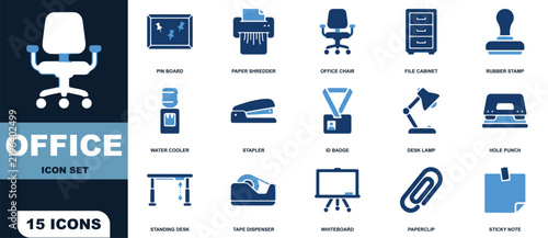 Office icon set featuring fifteen workspace furniture, administrative tools  and stationery supplies