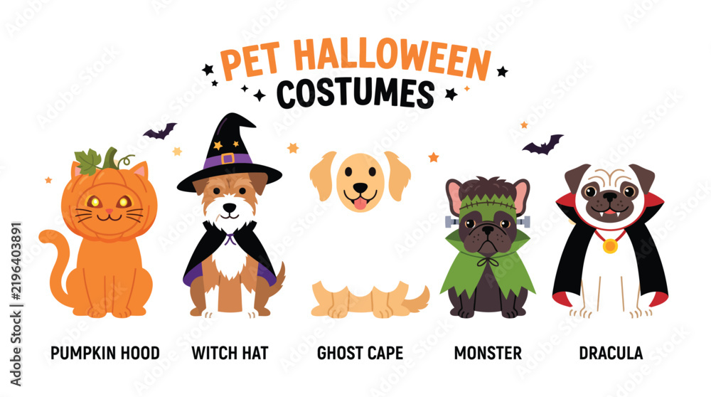 Fototapeta premium Cute cartoon animals wearing funny halloween costumes in bright colorful vector illustration for holiday season graphic