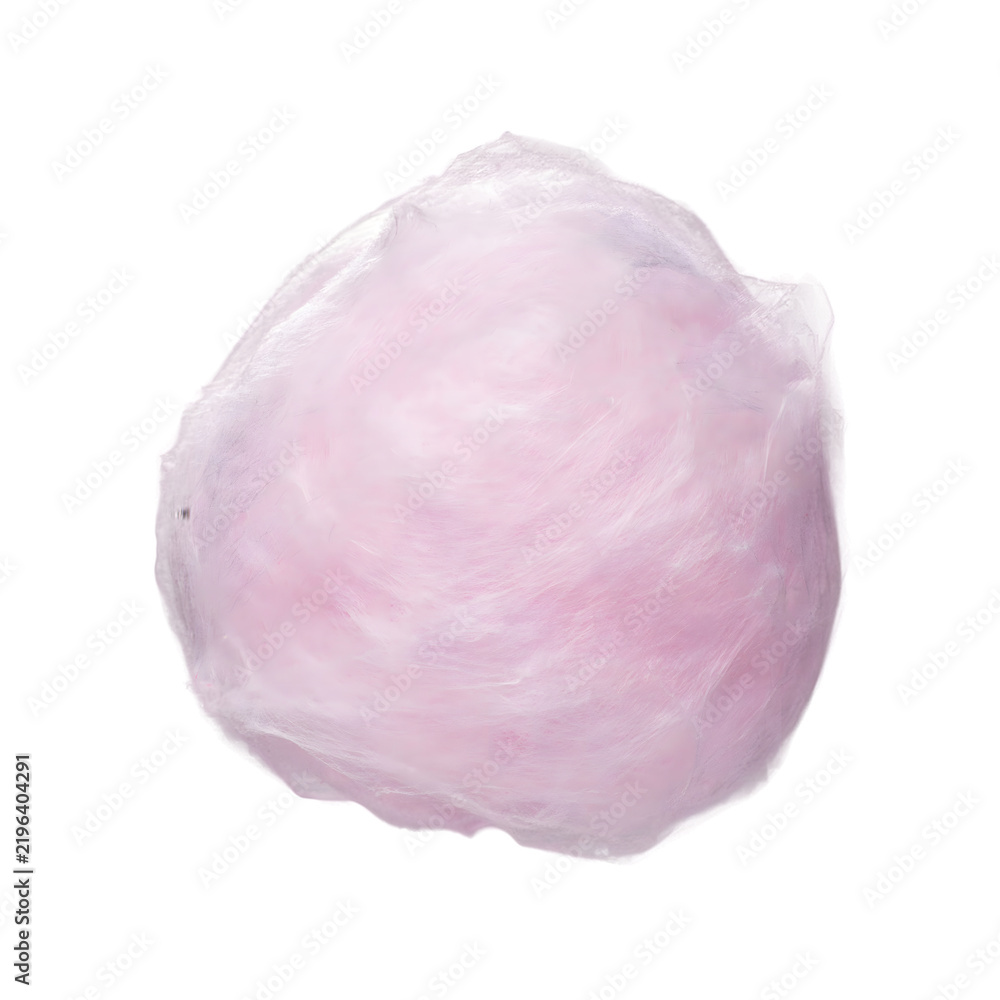 Fototapeta premium Fluffy pink cotton candy ball isolated on a white background, close up studio food of a sweet carnival sugary treat snack