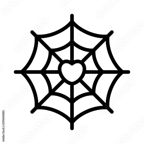 Black outline spider web with a heart in the center isolated on white background. Simple line icon combining cobweb, love, romance and Halloween themes