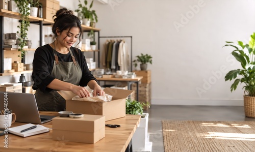 Woman packing goods into cardboard box at small business warehouse. Young entrepreneur in apron wrapping products for shipment at wooden desk.