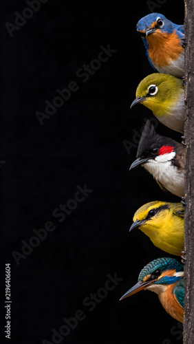 Colorful birds peeking from dark hole