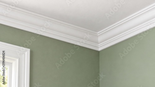 White Crown Molding and Decorative Ceiling Trim Installed on Sage Green Walls, Enhancing Interior Design and Residential Home Renovation