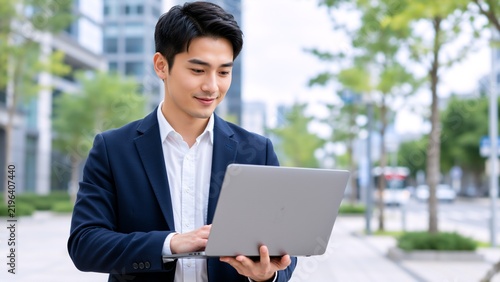 A young businessman dressed in a navy blazer uses his laptop while standing outdoors in a city environment with modern buildings and trees in the background.. Digital public services