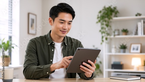 A young man sits in a bright, modern home office interacting with a digital tablet, surrounded by plants and shelves, focused and relaxed.. Digital public services