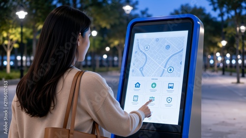 A woman interacts with a digital touchscreen kiosk in an outdoor urban park setting during nighttime, surrounded by illuminated street lamps and trees.. Digital public services