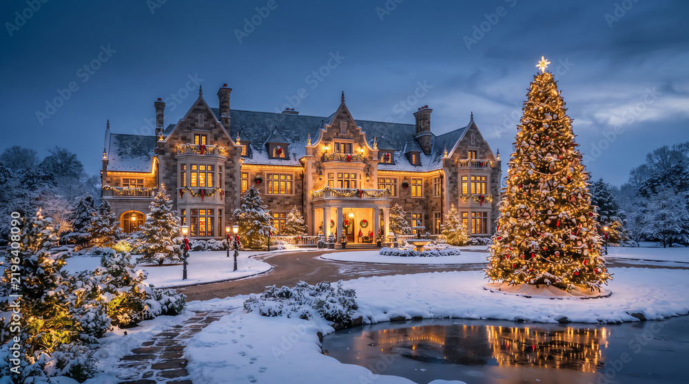 Obraz premium Majestic historic manor house decorated with glowing christmas lights and a large tree in a snowy winter landscape