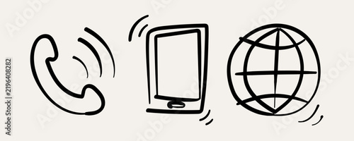 Hand drawn doodle icon set of telephone, smartphone, and globe symbol vector graphic