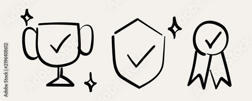 Business success icon set vector doodle hand drawn reward trophy medal shield checkmark