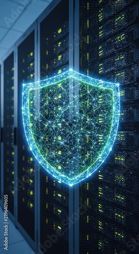 An glowing digital shield overlays a complex network of server racks in a modern data center, symbolizing advanced cloud security protocols, computing, intelligence, communication