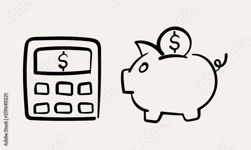 Financial Icons Vector Set Hand Drawn Piggy Bank Calculator Line Art Symbols Simple Outline