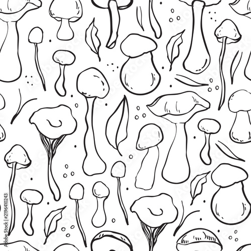 Seamless pattern of various mushrooms in a minimalist doodle style. The design features different shapes and sizes of mushrooms with simple lines and leaves.
