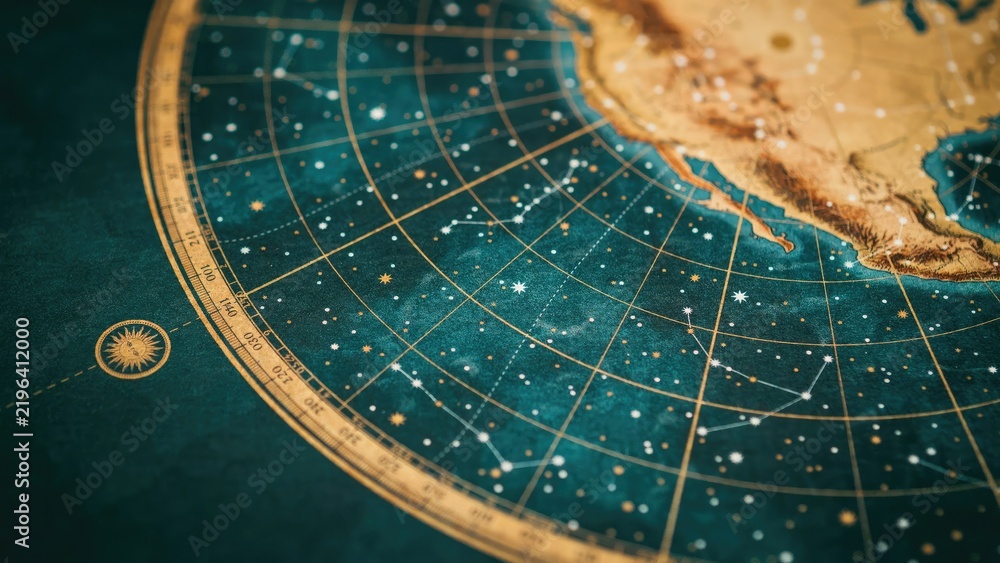 Fototapeta premium Close-up of a vintage celestial map with north american continent outline