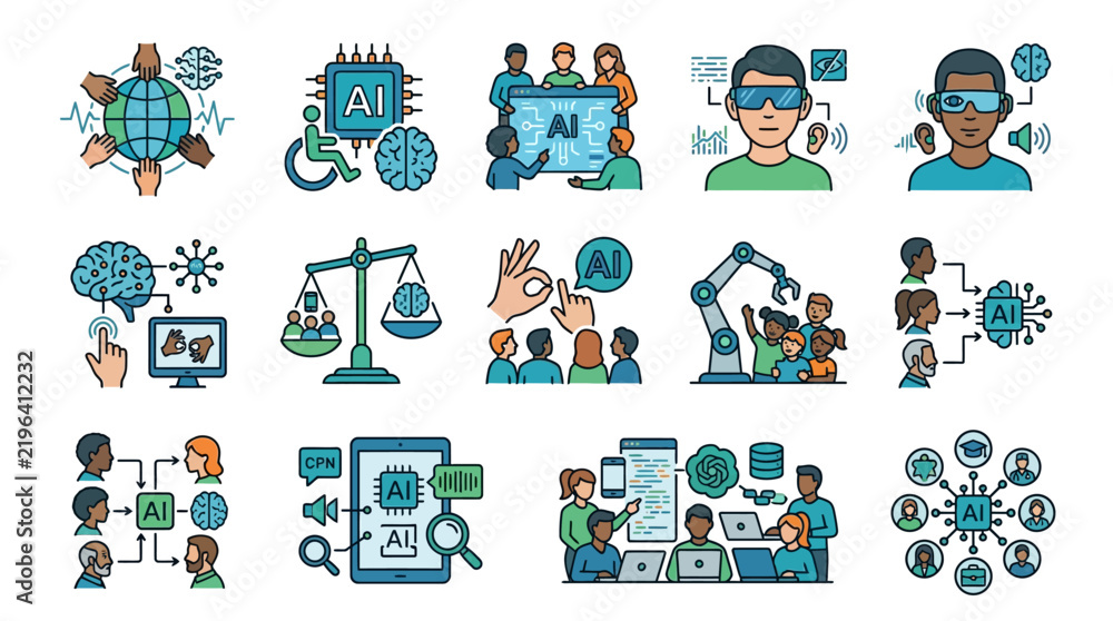 Fototapeta premium Elegant Showcasing Diverse Applications of AI in Modern Society with Vibrant Colors and Dynamic Icons