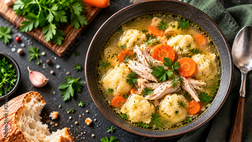 Homemade chicken soup with fluffy dumplings, carrots and fresh herbs in a rustic bowl, cozy autumn comfort food.
