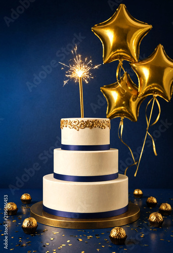Elegant tiered birthday cake with gold star balloons and sparkler decoration