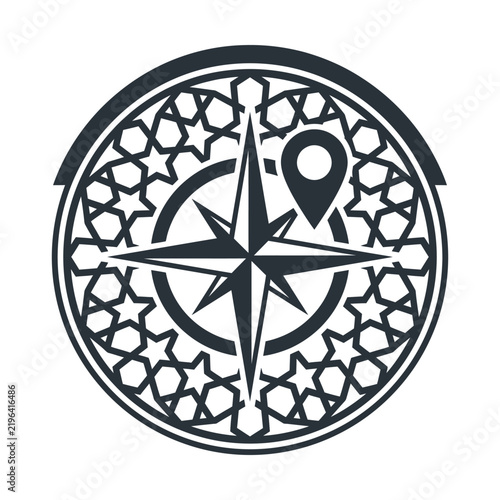 Islamic compass rose vector icon, geometric star pattern navigation symbol, qibla direction map pin locator graphic