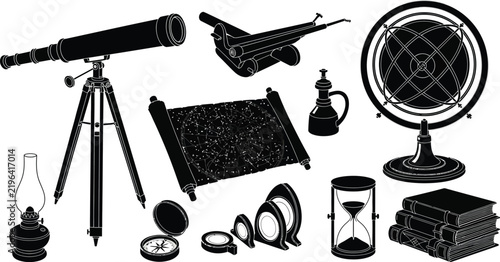 Foto Vintage scientific instruments collection, antique navigation tools and astronom