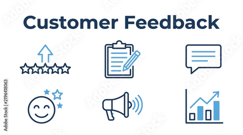 6 customer feedback blue line icons for reviews