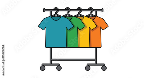 Minimal vector illustration of four colorful t-shirts hanging on a black metal wardrobe rack, ideal for fashion boutique designs, retail store branding, and clothing laundry concepts