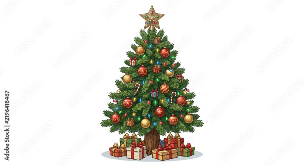 Naklejka premium Decorated christmas tree illustration with gifts
