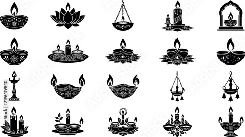 Foto Collection of black silhouette oil lamps lotus flowers and hanging lanterns agai