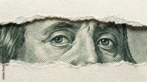 Benjamin Franklin's eyes on a hundred dollar bill peeking through torn paper, symbolizing hidden money or financial secrets.