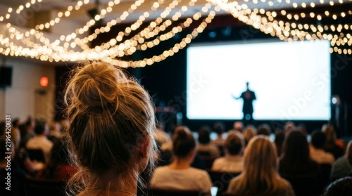 Audience from behind watching a speaker on a large screen at a conference or event with decorative string lights overhead