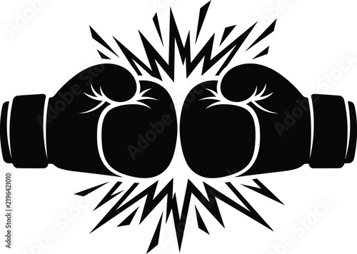 Boxing gloves clashing with impact effect, black and white combat sports vector icon, martial arts competition and fight club logo