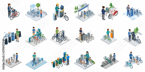Isometric vector illustration set of people using smart bicycle sharing stations, automated rental kiosks, and public bike parking docks for sustainable urban mobility and transportation.