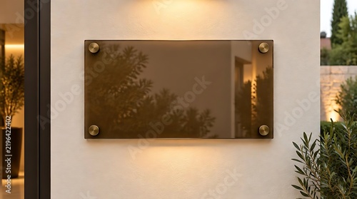 Blank modern dark glass signage plaque mounted on textured wall with gold metallic standoffs and warm accent lighting, perfect for upscale business nameplate or house number mockup.