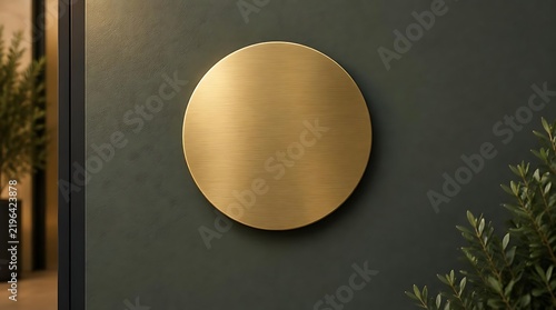Minimalist circular brushed gold sign mockup on dark green textured wall with green indoor plants, elegant blank brass plaque for company logo or name presentation in modern office setting.